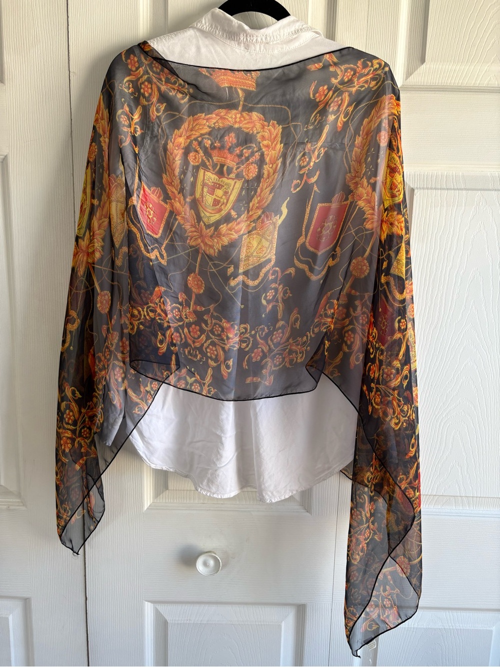 Peacock Silk Trading Black Gold Red Crown Crest Scarf Floral See Through Vintage